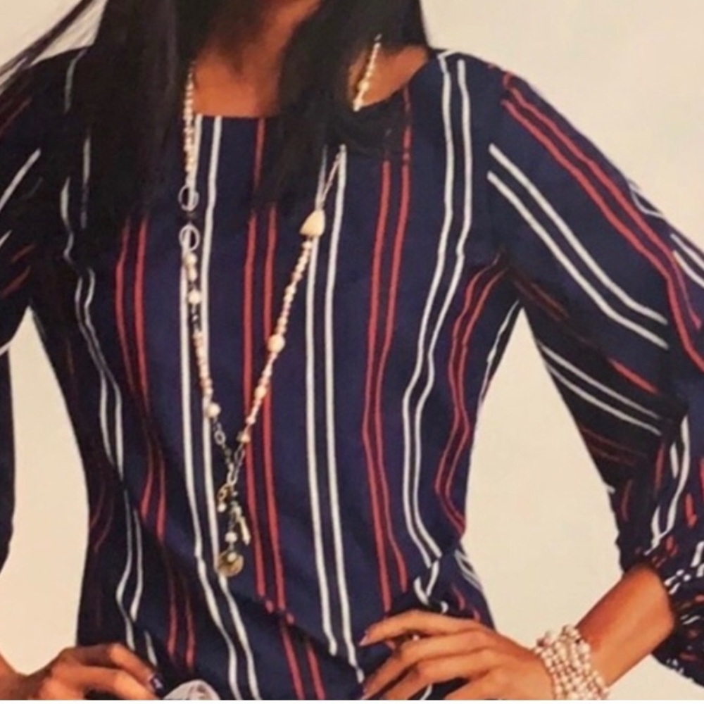 Cabi‎ Flag Blouse in navy blue with red and white stripes. Size S #5516